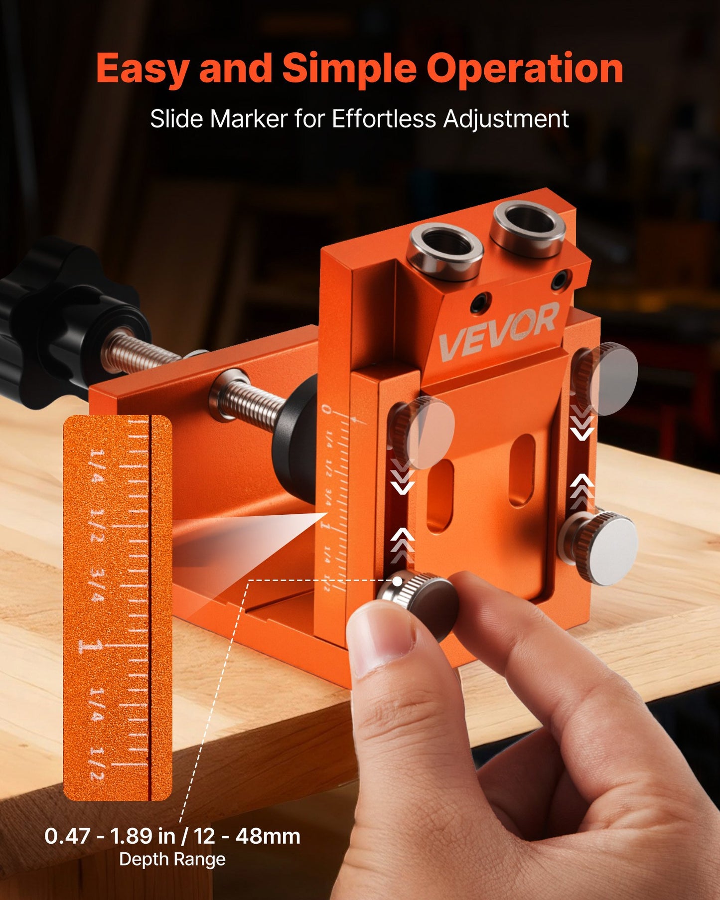 Pocket Hole Jig Kit, 12 mm to 48 mm Adjustable, Jig Pocket Hole System with Step Drill, Hex Wrench, Drill Stop Ring, Square Drive Bit, Plugs and Screws, Reinforced Metal Frame, for Woodworking