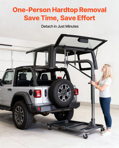 Hard Top Remover Lift, 99.79 kg, Jeep Hardtop Removal and Storage System, Quick & Easy One-Person Operation, Adjustable Height, for Jeep Wrangler YJ, TJ, JK, JL, 4XE, Ford Bronco 4 Door & 6 Gen+