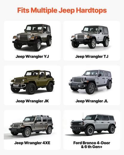 Hard Top Remover Lift, 99.79 kg, Jeep Hardtop Removal and Storage System, Quick & Easy One-Person Operation, Adjustable Height, for Jeep Wrangler YJ, TJ, JK, JL, 4XE, Ford Bronco 4 Door & 6 Gen+