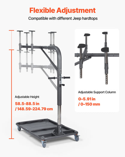Hard Top Remover Lift, 99.79 kg, Jeep Hardtop Removal and Storage System, Quick & Easy One-Person Operation, Adjustable Height, for Jeep Wrangler YJ, TJ, JK, JL, 4XE, Ford Bronco 4 Door & 6 Gen+