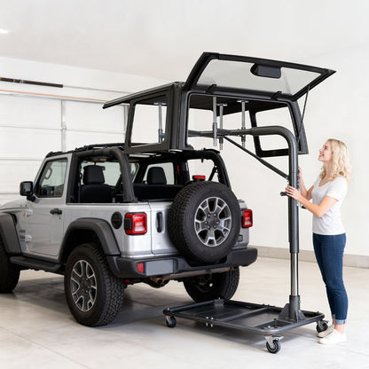 Hard Top Remover Lift, 99.79 kg, Jeep Hardtop Removal and Storage System, Quick & Easy One-Person Operation, Adjustable Height, for Jeep Wrangler YJ, TJ, JK, JL, 4XE, Ford Bronco 4 Door & 6 Gen+