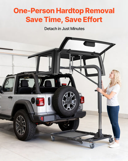 Hard Top Remover Lift, 99.79 kg, Foldable Jeep Hardtop Removal and Storage System, Easy One-Person Operation, Adjustable Height, for Jeep Wrangler YJ, TJ, JK, JL, 4XE, Ford Bronco 4 Door &6 Gen+