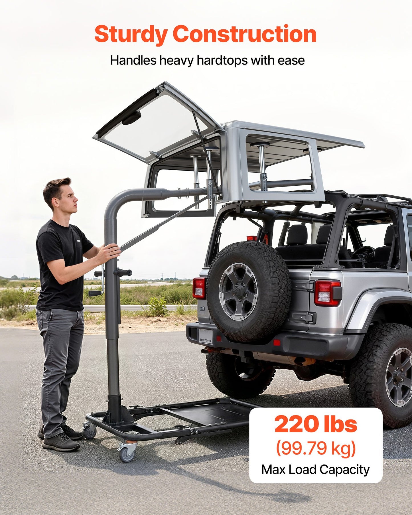 Hard Top Remover Lift, 99.79 kg, Foldable Jeep Hardtop Removal and Storage System, Easy One-Person Operation, Adjustable Height, for Jeep Wrangler YJ, TJ, JK, JL, 4XE, Ford Bronco 4 Door &6 Gen+
