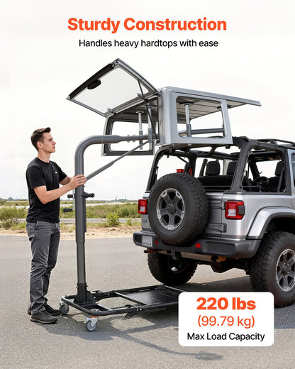 Hard Top Remover Lift, 99.79 kg, Foldable Jeep Hardtop Removal and Storage System, Easy One-Person Operation, Adjustable Height, for Jeep Wrangler YJ, TJ, JK, JL, 4XE, Ford Bronco 4 Door &6 Gen+