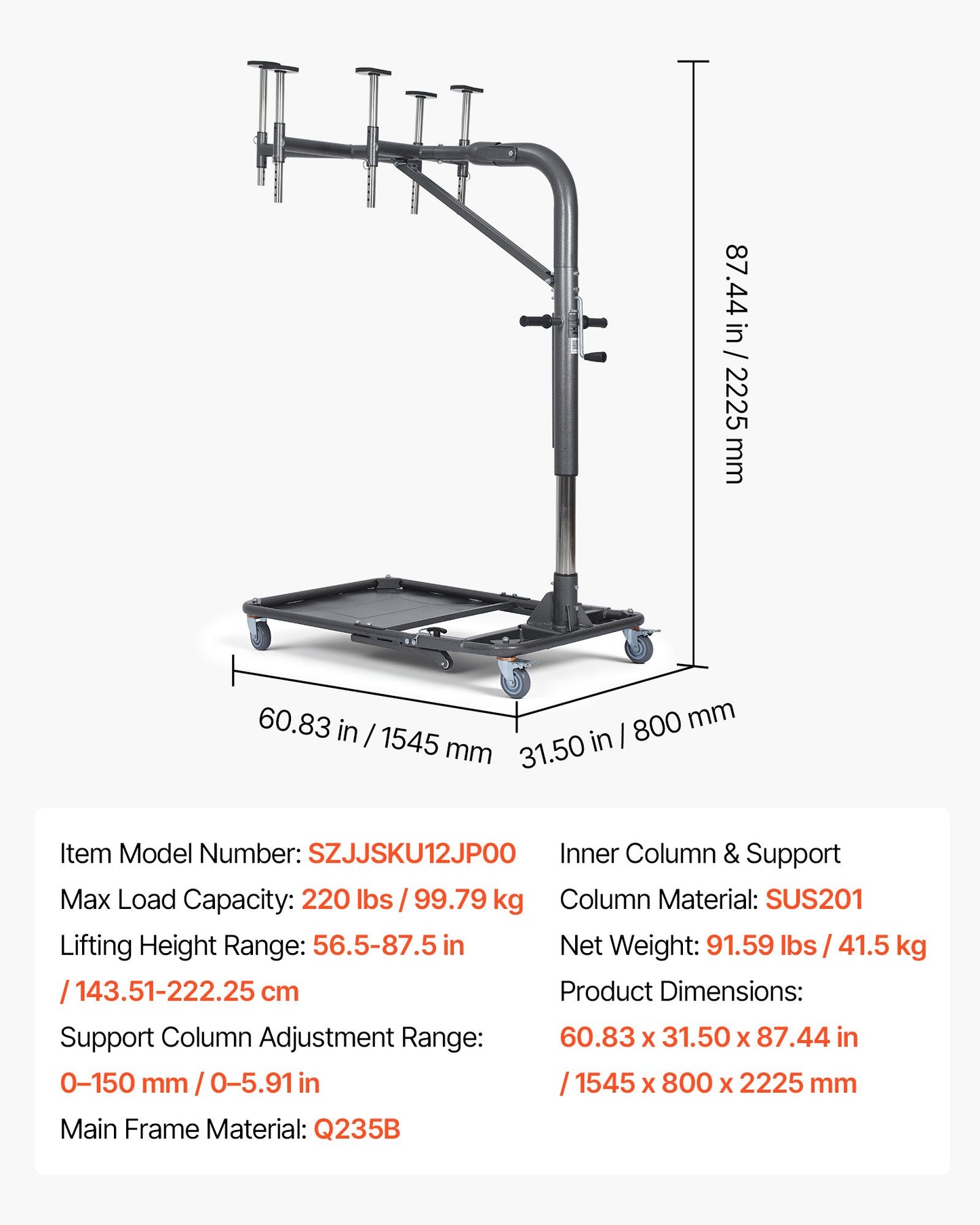 Hard Top Remover Lift, 99.79 kg, Foldable Jeep Hardtop Removal and Storage System, Easy One-Person Operation, Adjustable Height, for Jeep Wrangler YJ, TJ, JK, JL, 4XE, Ford Bronco 4 Door &6 Gen+