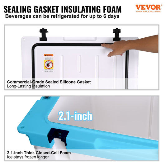 Large camping cooler with 2.1-inch foam insulation and silicone seal for extended ice retention