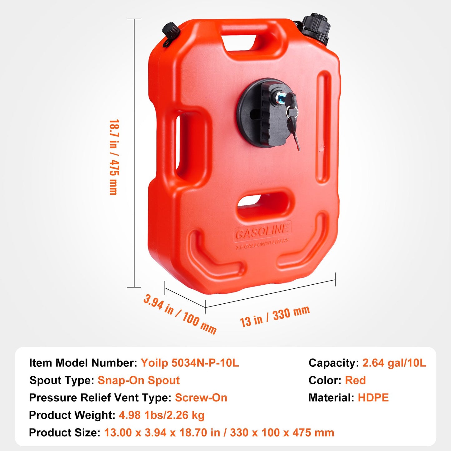 VEVOR Gas Can, 2.64 Gallon/10L, Fuel Tank with Spout and Lockable Bracket, Storage