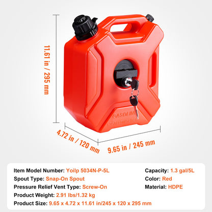 VEVOR Water Can, 1.3 Gallon/5L, Water Tank with Spout and Lockable Bracket, Storage