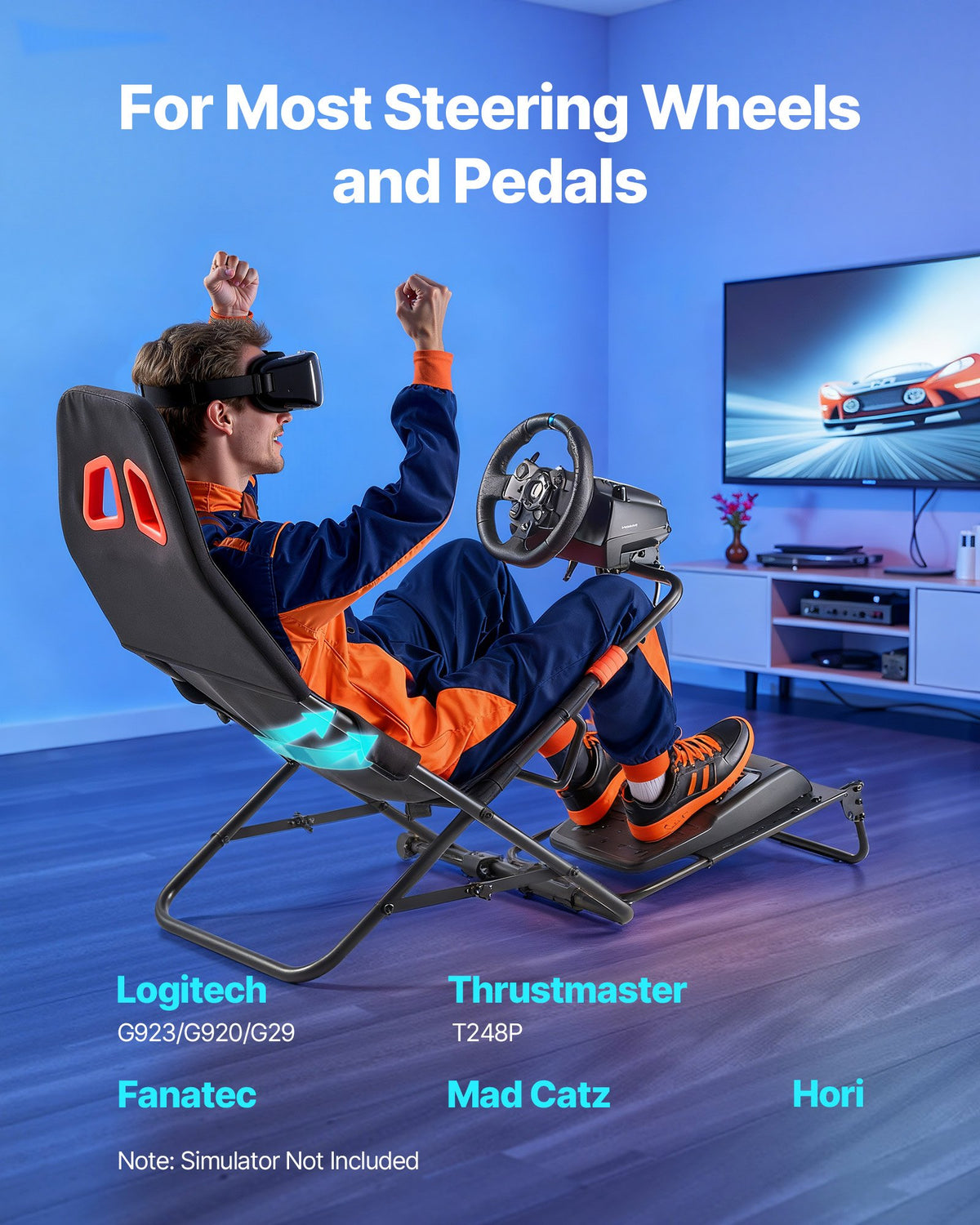 Portable Racing Wheel Stand, Foldable & Adjustable Steering Sim Wheel Stand, 470 mm Seat Inner Width, Compatible with Logitech G923/G920/G29, Thrustmaster T248P, Fanatec, Hori, Mad Catz, Black