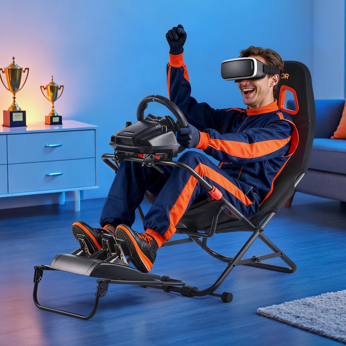 Portable Racing Wheel Stand, Foldable & Adjustable Steering Sim Wheel Stand, 470 mm Seat Inner Width, Compatible with Logitech G923/G920/G29, Thrustmaster T248P, Fanatec, Hori, Mad Catz, Black