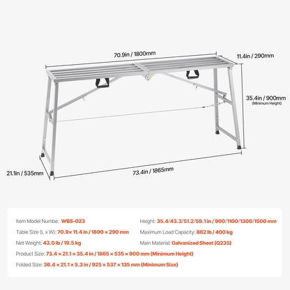 Adjustable Height Portable Work Platform, 400 kg Capacity, Foldable & Lightweight