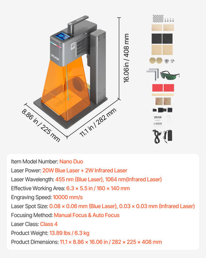 2-in-1 Dual Laser Engraver, 10,000 mm/s High Speed, Portable 20W Blue and 2W IR Laser Engraving Machine, 160 x 140 mm Engraving Area, Manual & Auto Focus, DIY Engraver Tool, for Wood Acrylic