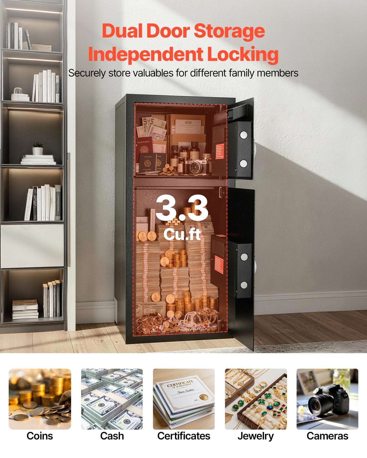 Double Door Safe Box, 93.45 L, Heavy Duty Home Safe with Electronic Keypad, Anti-Theft, Digital Safety Lock Box with Key, Drop Slot, for Money, Firearm, Jewelry, Document, Valuables, Black