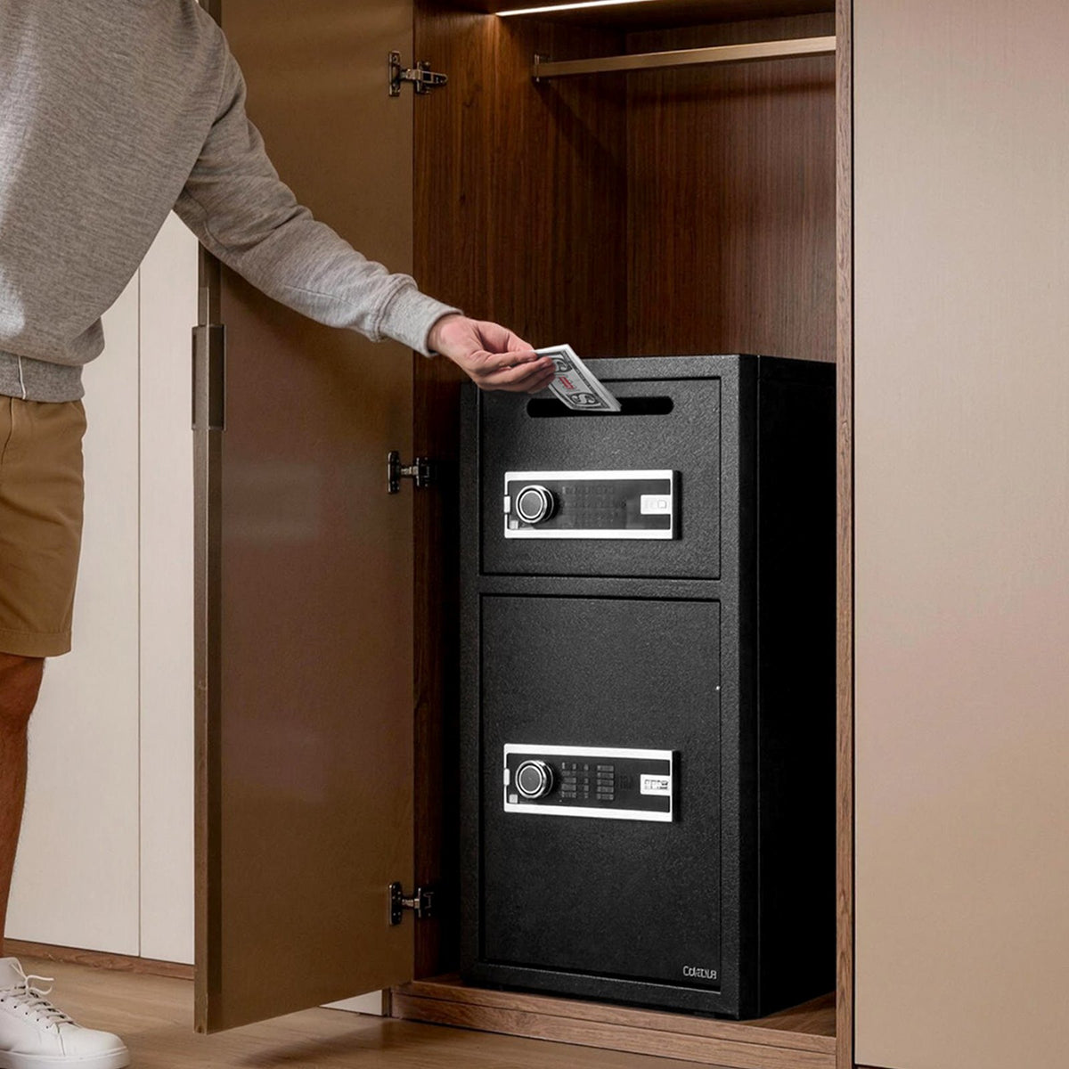 Double Door Safe Box, 93.45 L, Heavy Duty Home Safe with Electronic Keypad, Anti-Theft, Digital Safety Lock Box with Key, Drop Slot, for Money, Firearm, Jewelry, Document, Valuables, Black