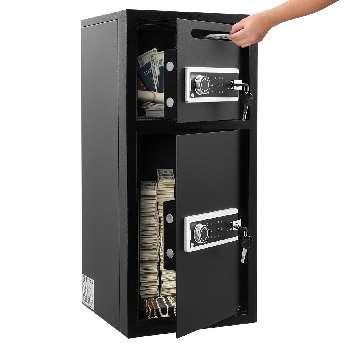 Double Door Safe Box, 93.45 L, Heavy Duty Home Safe with Electronic Keypad, Anti-Theft, Digital Safety Lock Box with Key, Drop Slot, for Money, Firearm, Jewelry, Document, Valuables, Black