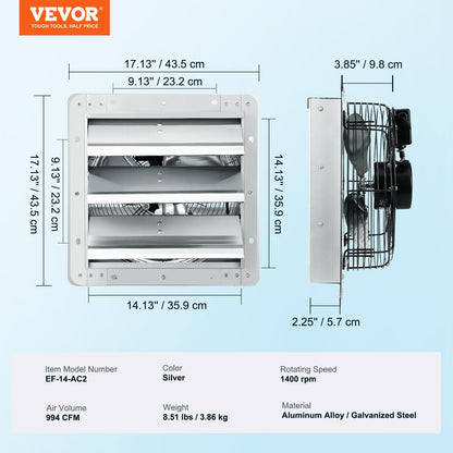 High-Speed Aluminum Wall Mount Exhaust Fan, 0.356m, 994 CFM, 1400 RPM
