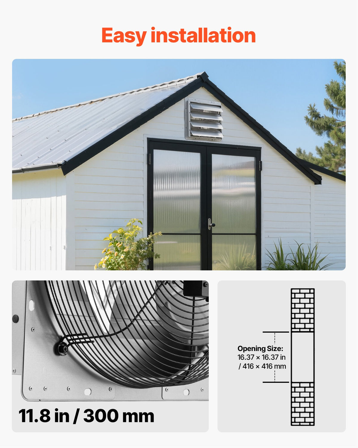 Shutter Exhaust Fan 413 mm Wall Mounted Automatic Louvers Silver, Sturdy Steel Housing, 2270 CFM Low Noise, AC Motor, Ventilation and Cooling for Attic, Garage, Barn, Greenhouse, Workshop