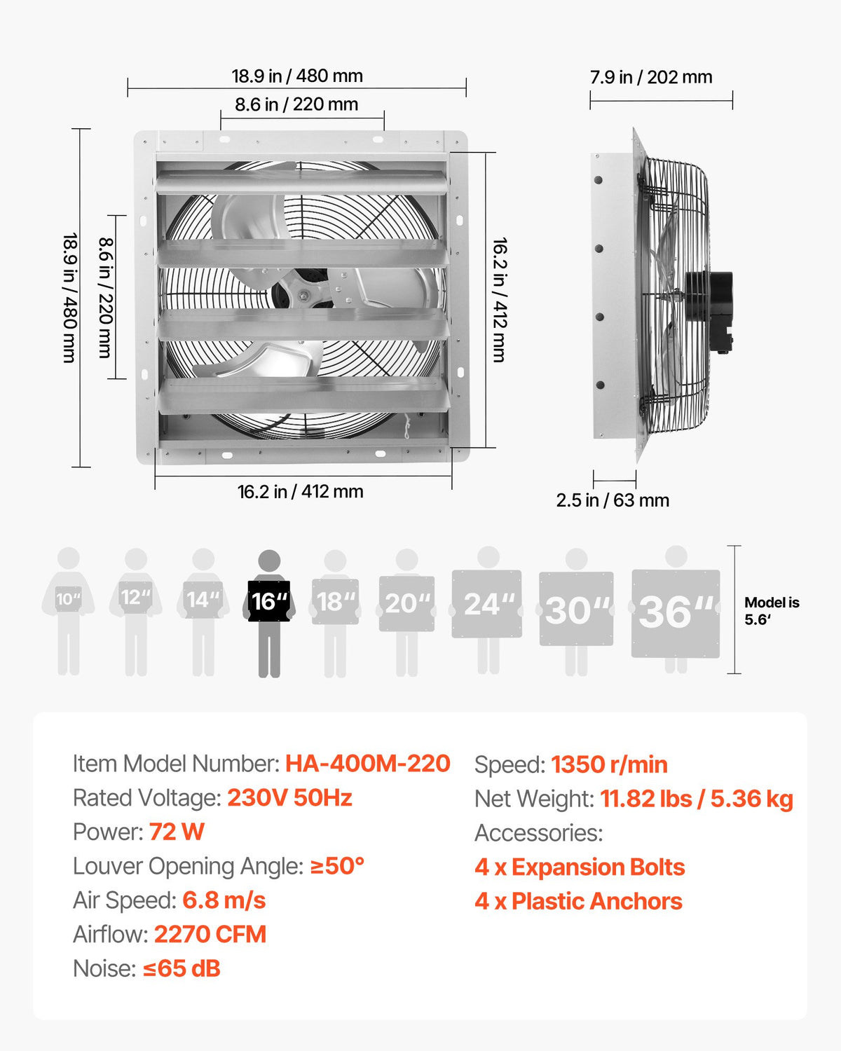 Shutter Exhaust Fan 413 mm Wall Mounted Automatic Louvers Silver, Sturdy Steel Housing, 2270 CFM Low Noise, AC Motor, Ventilation and Cooling for Attic, Garage, Barn, Greenhouse, Workshop