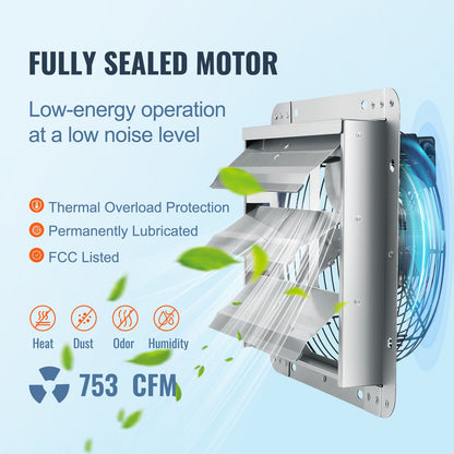 VEVOR Shutter Exhaust Fan, 254 mm High-speed 1400RPM 753 CFM, Aluminum Wall Mount