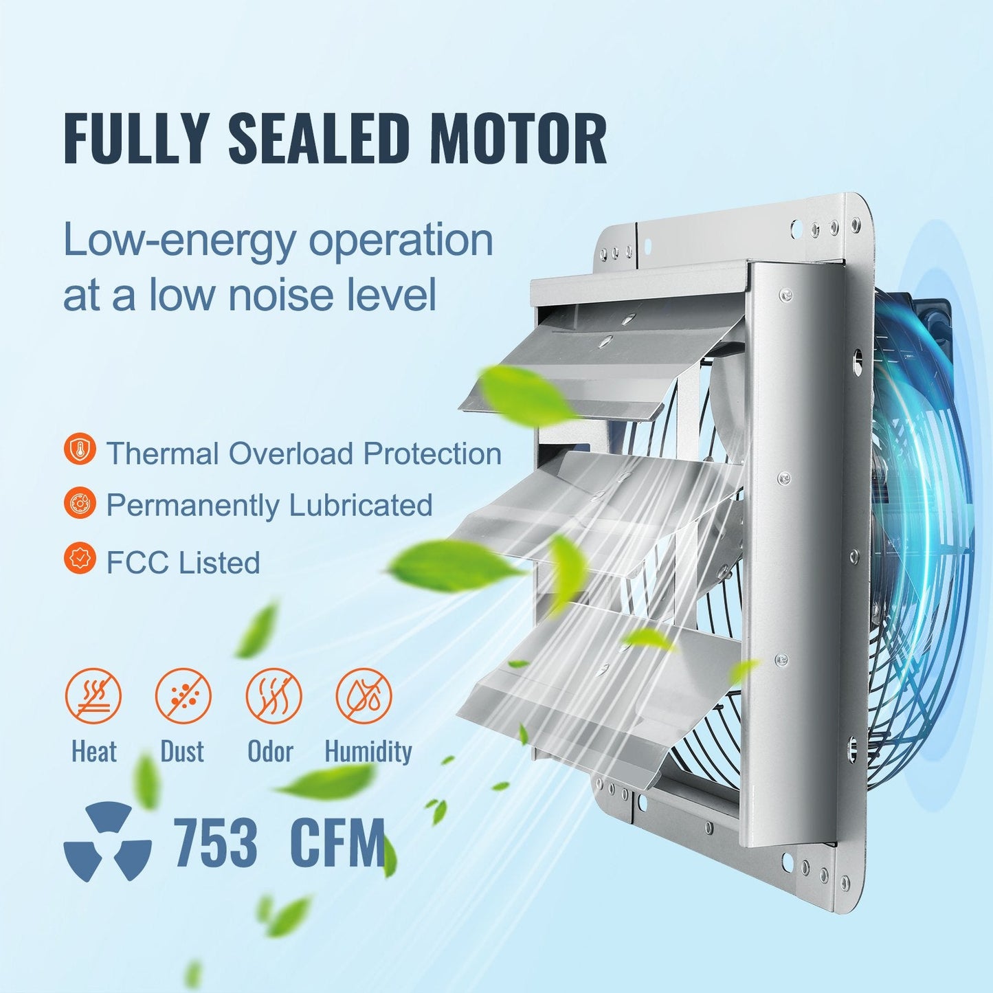 High-Speed 254mm Shutter Exhaust Fan, 1400 RPM, 753 CFM, Aluminum Wall Mount