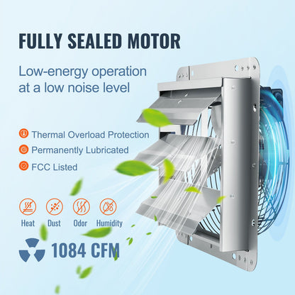 VEVOR Shutter Exhaust Fan, 305 mm High-speed 1400RPM 1084 CFM, Aluminum Wall Mount