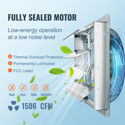VEVOR Shutter Exhaust Fan, 406 mm High-speed 1400RPM 1506 CFM, Aluminum Wall Mount
