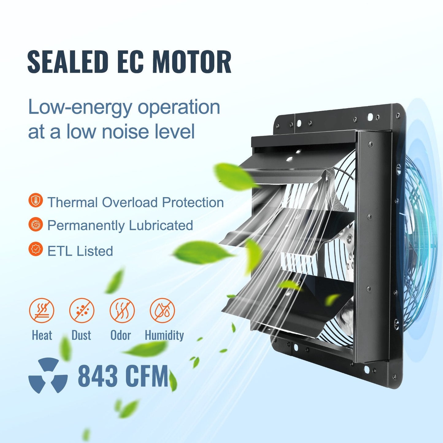 Shutter Exhaust Fan with Temp & Humidity Control, 254mm, Wall Mount, 843 CFM