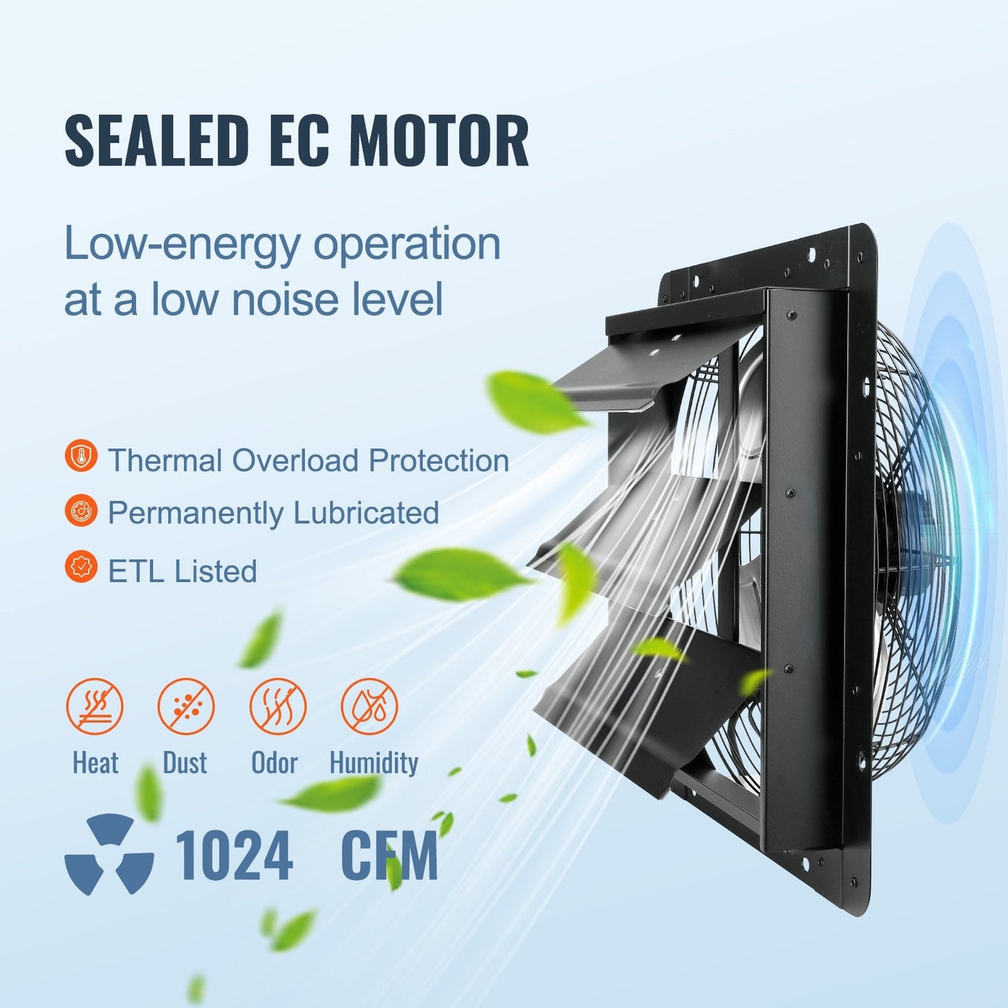 Wall Mount Exhaust Fan with Temp & Humidity Control, 0.36m, 1024 CFM, Black