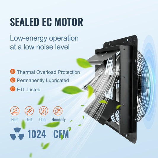 Wall Mount Exhaust Fan with Temp & Humidity Control, 0.36m, 1024 CFM, Black
