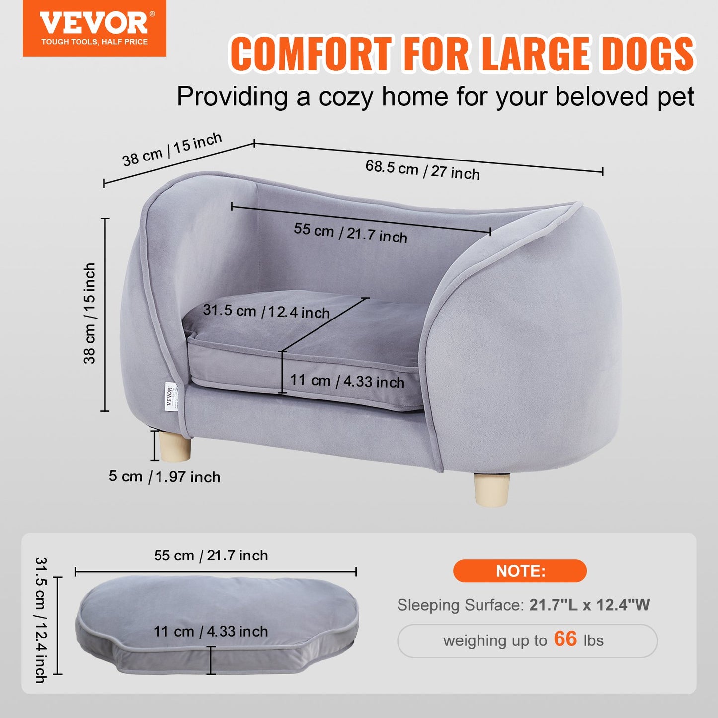 VEVOR Pet Sofa, Dog Couch for Small Dogs and Cats, 27x15x15 inch Soft Velvety Dog