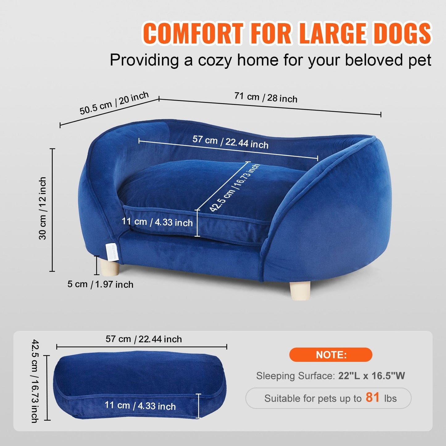 Dark Blue Velvet Pet Sofa: Soft Couch for Medium Dogs & Cats, 71x50.5x30 cm