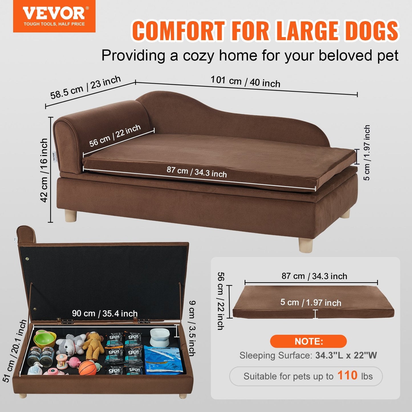 Luxurious Dark Brown Velvet Pet Sofa for Large Dogs and Cats, 0.9x0.6x0.4m