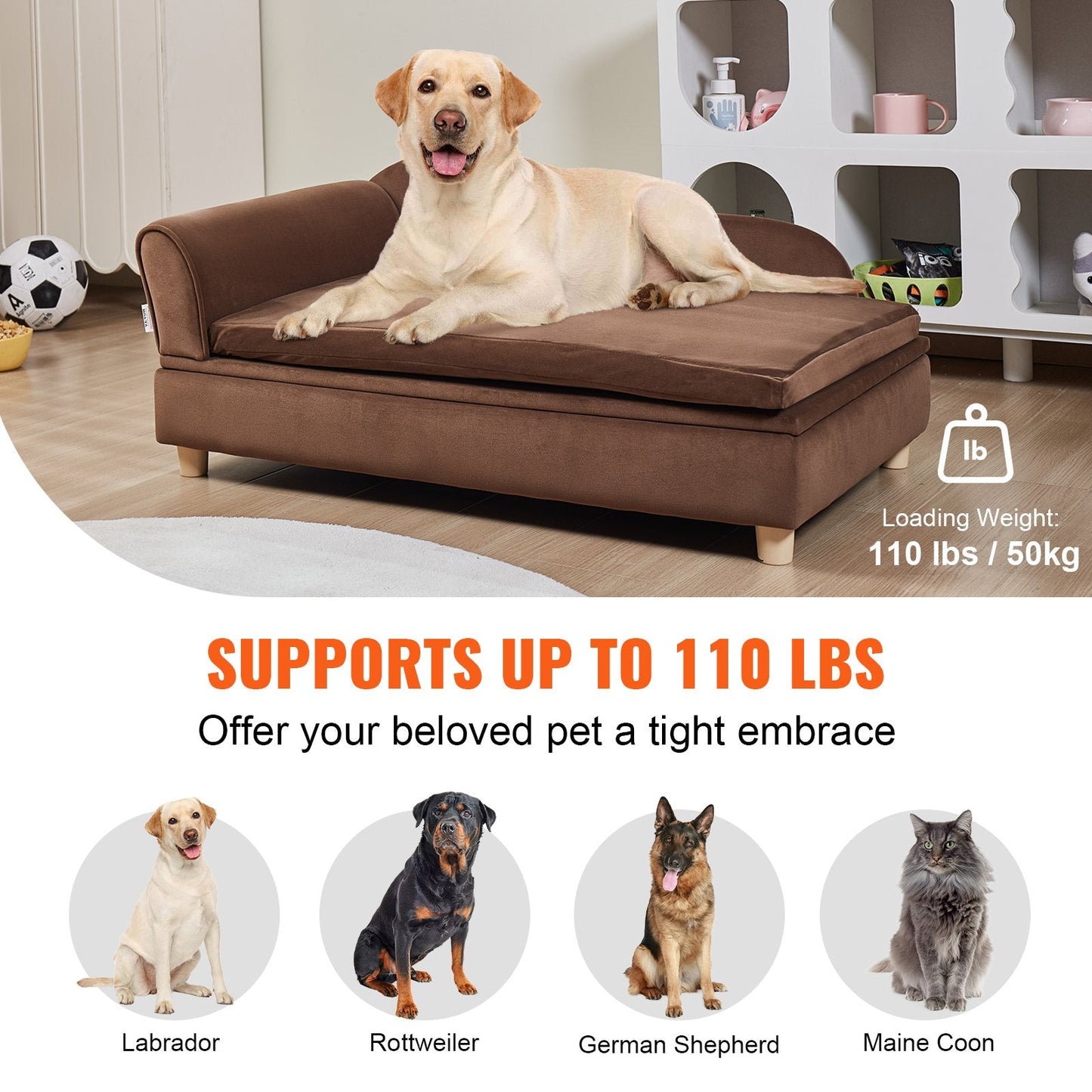 Luxurious Dark Brown Velvet Pet Sofa for Large Dogs and Cats, 0.9x0.6x0.4m