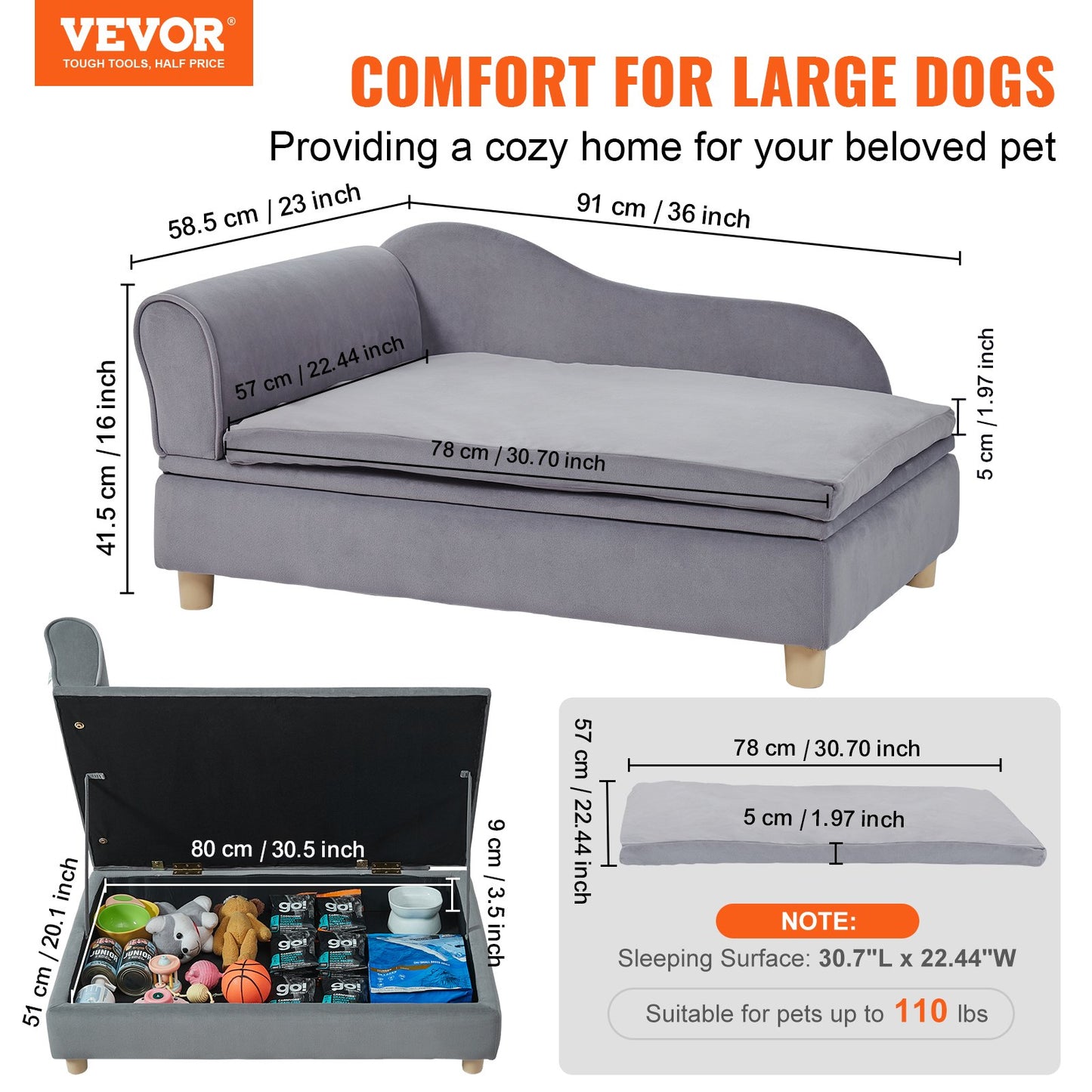 VEVOR Pet Sofa, Dog Couch for Large-Sized Dogs and Cats, 36x23x16 inch Soft Velvety