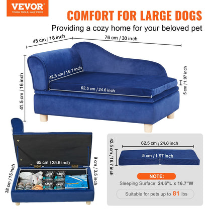 Soft Blue Velvet Pet Sofa for Medium Dogs & Cats, 37kg Capacity, 0.76m x 0.45m x 0.41m