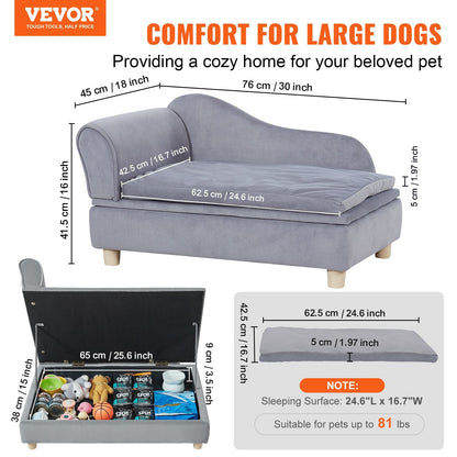 Soft Velvet Pet Sofa for Medium Dogs & Cats, 760x450x415mm, 37kg Capacity, Grey
