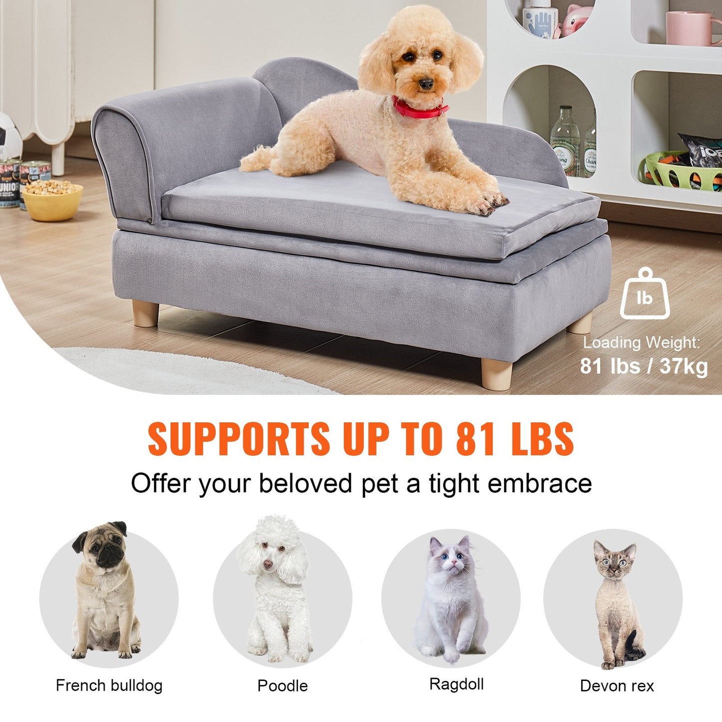 Soft Velvet Pet Sofa for Medium Dogs & Cats, 760x450x415mm, 37kg Capacity, Grey