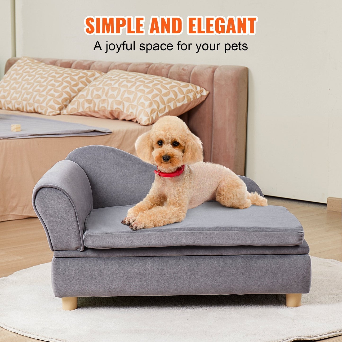 Soft Velvet Pet Sofa for Medium Dogs & Cats, 760x450x415mm, 37kg Capacity, Grey