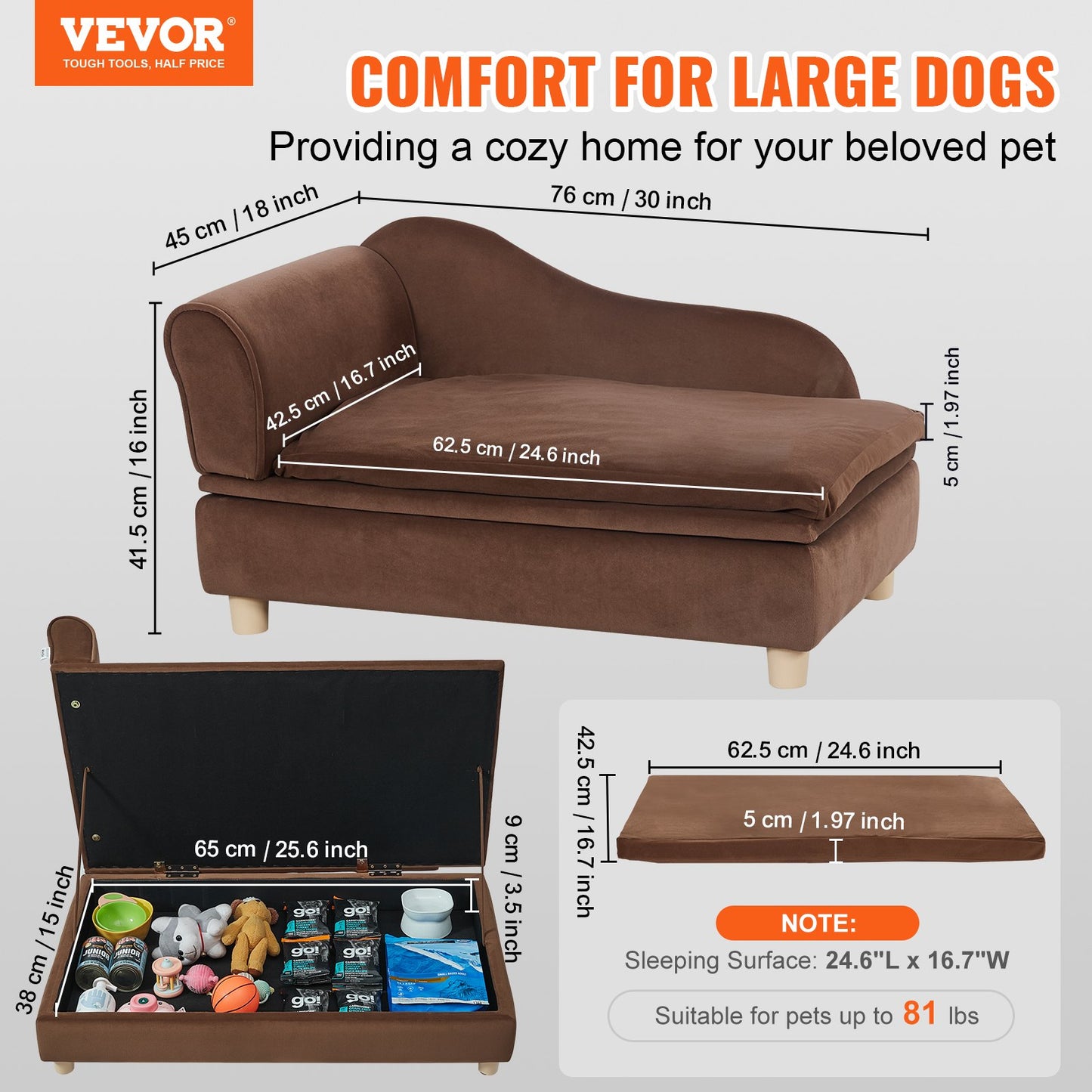 VEVOR Pet Sofa, Dog Couch for Medium-Sized Dogs and Cats, 30x18x16 inch Soft Velvety