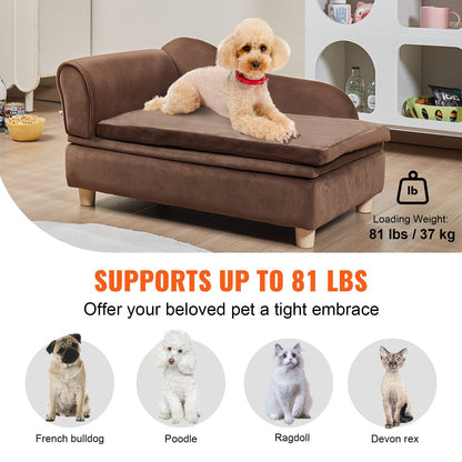 Dark Brown Velvet Pet Sofa for Medium Dogs & Cats, 760x450x415mm, 37kg Capacity