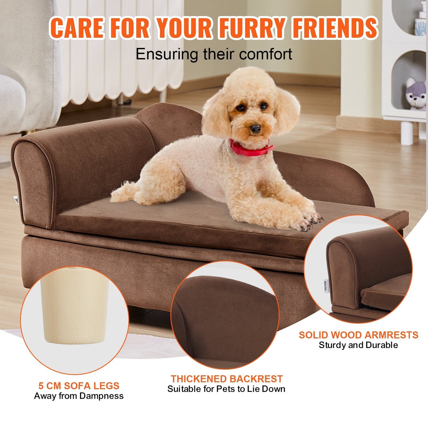 Dark Brown Velvet Pet Sofa for Medium Dogs & Cats, 760x450x415mm, 37kg Capacity