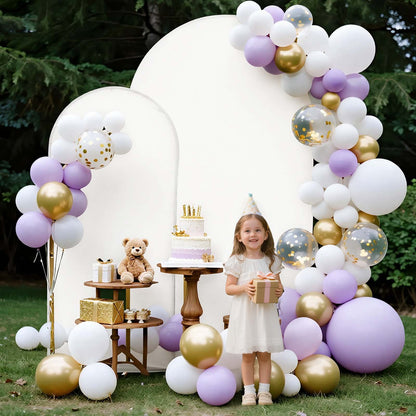 Arch Backdrop Stand, Set of 2, 2.2 m and 1.8 m, Stable Structure, Easy Assembly, Gold Metal Arch Backdrop Stand with Cover for Wedding, Birthday Party, Celebration, and Ceremony Decoration