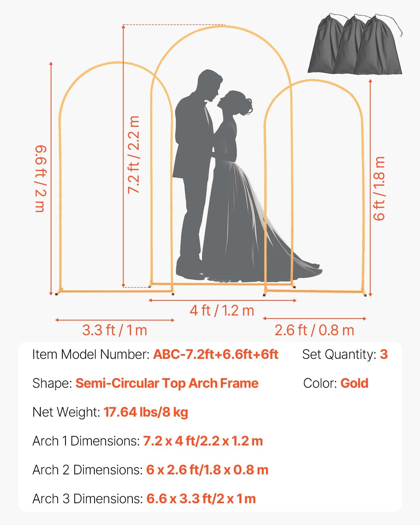 Arch Backdrop Stand, Set of 3, 2.2/2/1.8 m , Stable Structure, Easy Assembly, Gold Metal Arch Backdrop Stand for Wedding, Birthday Party, Graduation, Holiday Celebration, and Ceremony Decoration