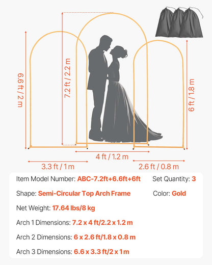 Arch Backdrop Stand, Set of 3, 2.2/2/1.8 m , Stable Structure, Easy Assembly, Gold Metal Arch Backdrop Stand for Wedding, Birthday Party, Graduation, Holiday Celebration, and Ceremony Decoration