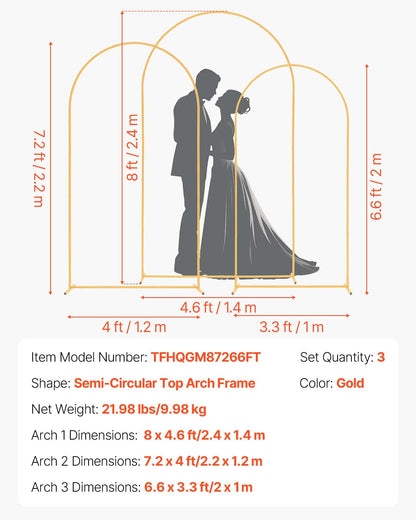 Arch Backdrop Stand, Set of 3, 2.4/2.2/2 m, Stable Structure, Easy Assembly, Gold Metal Arch Backdrop Stand for Wedding, Birthday Party, Graduation, Holiday Celebration, and Ceremony Decoration