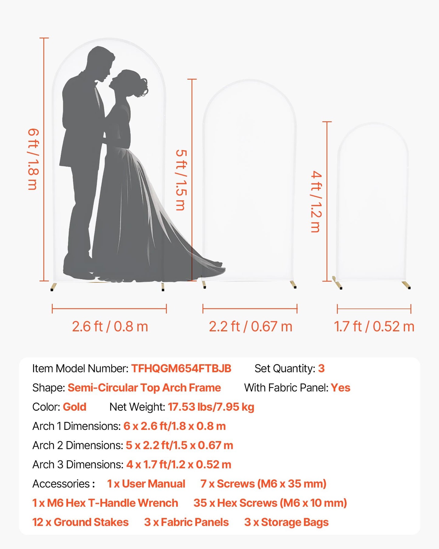 Arch Backdrop Stand, Set of 3, 1.8/1.5/1.2 m, Stable Structure, Easy Assembly, Gold Metal Arch Backdrop Stand with Cover, for Wedding, Birthday Party, Celebration, and Ceremony Decoration