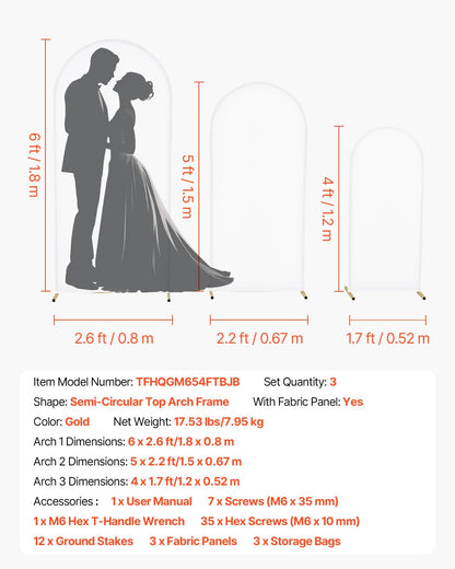 Arch Backdrop Stand, Set of 3, 1.8/1.5/1.2 m, Stable Structure, Easy Assembly, Gold Metal Arch Backdrop Stand with Cover, for Wedding, Birthday Party, Celebration, and Ceremony Decoration