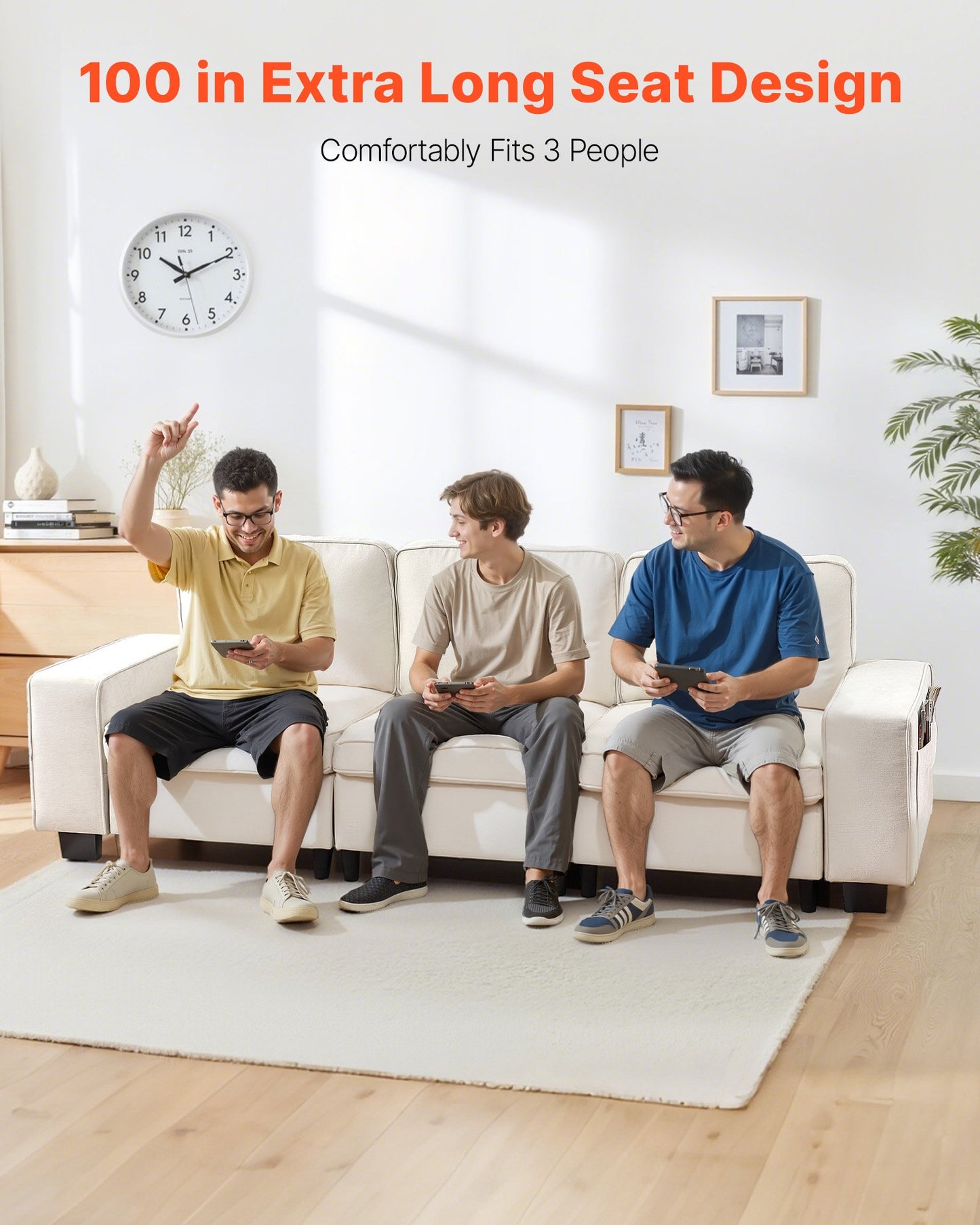 3 Steater Sofa, Modular Sectional Couch with Bottom Storage Space, Modern Comfy Cloud Sofa with Side Storage Pockets and Metal Frame, Ideal for Living Room, Bedroom, Apartment and Office, White