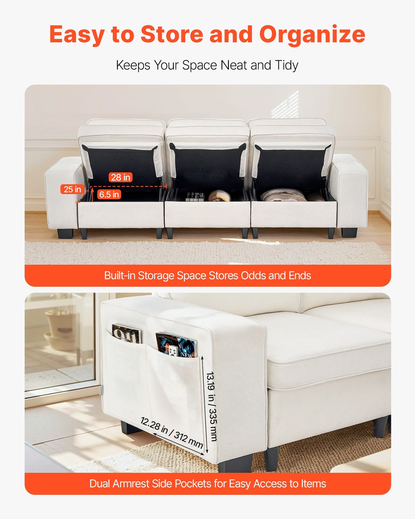 3 Steater Sofa, Modular Sectional Couch with Bottom Storage Space, Modern Comfy Cloud Sofa with Side Storage Pockets and Metal Frame, Ideal for Living Room, Bedroom, Apartment and Office, White