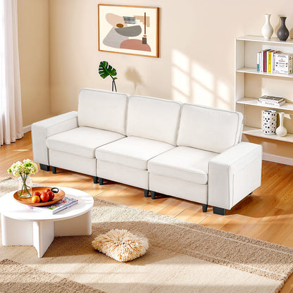 3 Steater Sofa, Modular Sectional Couch with Bottom Storage Space, Modern Comfy Cloud Sofa with Side Storage Pockets and Metal Frame, Ideal for Living Room, Bedroom, Apartment and Office, White
